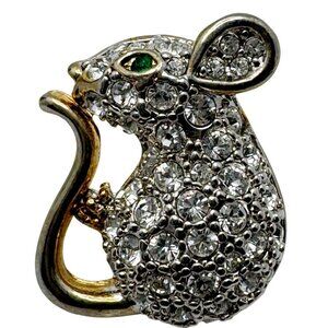 Rhinestone Mouse Lapel Pin Brooch Gold Silver Finish With Green Eye Vintage